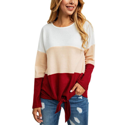 

Womens Casual Color Matching Knit Long Sleeve Sweaters Autumn Ladies O-Neck Loose Slim Fit Pullovers 2019