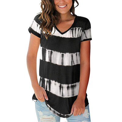 

Nomeni Womens Summer Tie-dyed Print V Neck Summer Casual Short Sleeve T Shirts Tops