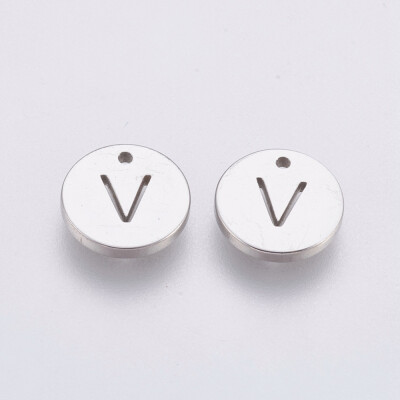 

304 Stainless Steel Charms Flat Round with Letter Stainless Steel Color LetterV 10x1mm Hole 1mm