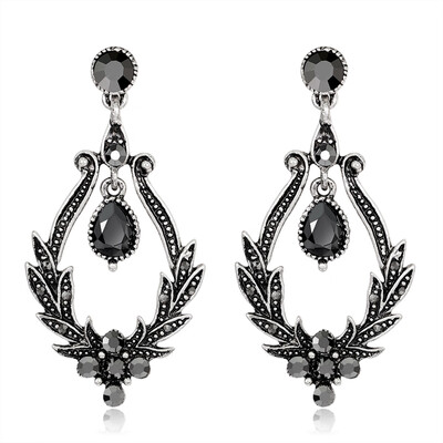 

Women Vintage Faux Black Gem Leaves Hollow Dangle Earrings Party Jewelry Gift