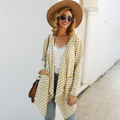 

Women Hooded Cardigan Coat Striped Print Open Front Long Sleeves Asymmetrical Spring Autumn Casual Hood Coat