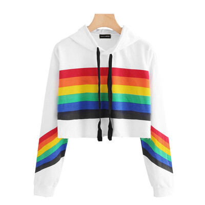 

goldstrings Womens Casual Rainbow Striped Sleeve Drawstring Loose Pullover Hoodies Cropped Hoodies