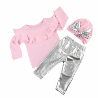 

US Cute Toddler Kid Baby Girls Fashion Ruffle T-shirtPant Bowknot Hat Outfits