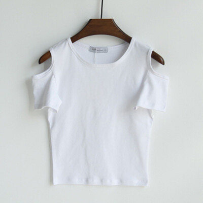 

Simple Solid Color Sexy Cold Shoulder T Shirt Women O-Neck Short Sleeve Short Tshirt Slim Cozy Wild Tee Shirt Femme