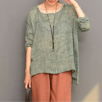 

2019 Fashion Womens Retro Casual Tops Round Neck Loose Long Sleeve Shirt Blouse