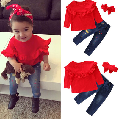 

3PC Toddler Baby Girls Solid Tops Print Jeans Denim Pants Clothes Outfits Set