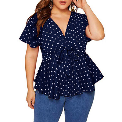 

Roseonmyhand Womens Plus Size V Neck Short Sleeve Shirt Top Polka Dot Knot Front Blouse