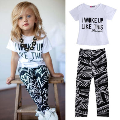 

2016 Fashion Cool Little Baby Girls Zebra-stripe White T-ShirtPants Two-pieces Outfits Set 2-9Y