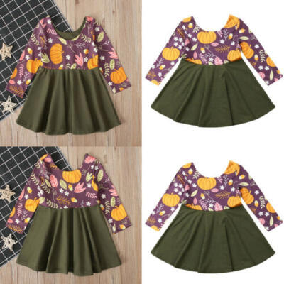 

US Halloween Baby Girls Elegant Pumpkin Printed T-shirt Dress Outfit Clothes