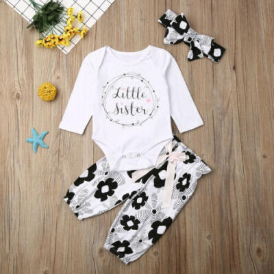 

Newborn Baby Girl Clothes Little Sister Romper Bowknot Flower Pants Outfit Set