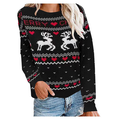 

Tailored Winter Women Casual Christmas Print Long Sleeve O-Neck Loose Pullover Sweater