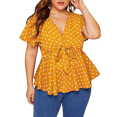 

Roseonmyhand Womens Plus Size V Neck Short Sleeve Shirt Top Polka Dot Knot Front Blouse