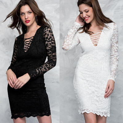 

New Women&39s Summer Lace Long Sleeve Party Evening Cocktail Short Mini Dress