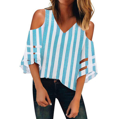 

Starmoon Women Stripe Cold Shoulder V Neck Mesh Panel Blouse 34 Bell Sleeve Top Shirt