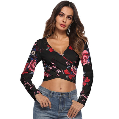 

Sexy Cross Wrapped Chest Exposed Female T-shirt Print Long Sleeve T-shirt Woman V Neck Exposed Umbilical Tees Casual Tops