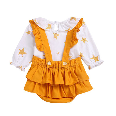 

Summer New Girls Round-neck Ruffled Long-sleeved Printed StarsStrap Children Dresses Suit 100 Cotton Children Clothing