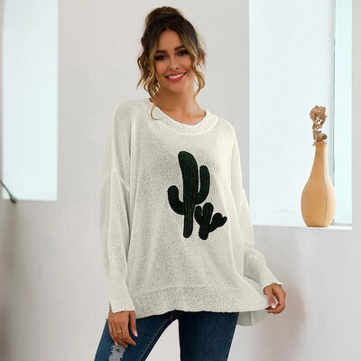 

Women Sweater Contrast Cactus Splicing Drop Shoulders Split Cuff Long Sleeve Loose Casual Pullover