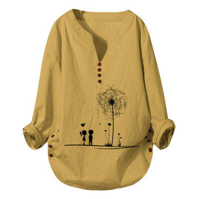 

Roseonmyhand Plus Size Women Long Sleeve V-Neck Printed Cotton And Linen Tops Casual Blouse