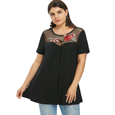 

Plus Size Embroidery Fishnet Insert T-shirt