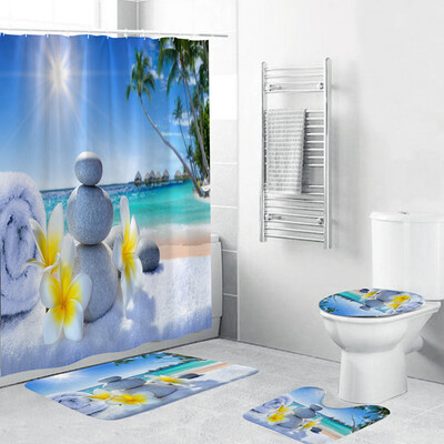

Gobestart 4PCS Non Slip Toilet Polyester Cover Mat Set Bathroom Shower Curtain