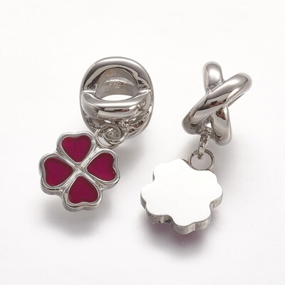 

304 Stainless Steel European Dangle Beads with Enamel Four Leaf Clover Red 235mm Hole 5mm