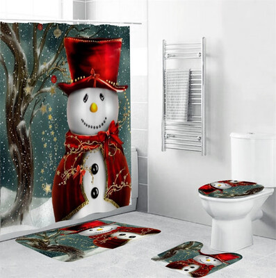 

〖Follure〗4Pcs Christmas shower Curtain Bathroom Anti-slip Carpet Rug Toilet Cover Mat Set