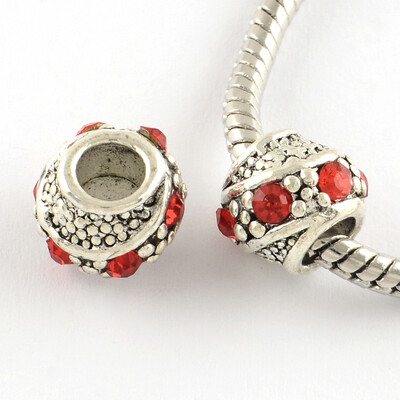 

Barrel Antique Silver Plated Metal Alloy Rhinestone European Beads Large Hole Beads Light Siam 1011x9mm Hole 5mm