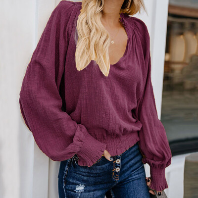 

Starmoon Womens Daily Cotton Linen Solid Long Sleeve Loose V Neck Tops Casual Blouse