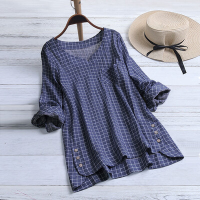 

Nomeni Women Casual Plus Size Cotton Tops Tee T Shirt Vintage Plaid Button Loose Blouse
