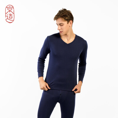 

JZAO mens thermal underwear wool thickening autumn clothes long pants warm set navy blue V-neck L code