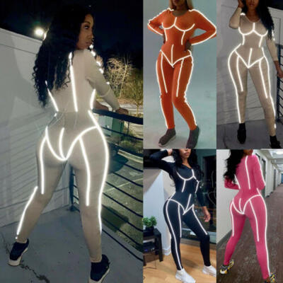 

UK Women Reflective Playsuit Long Sleeve Club Jumpsuit Romper Trousers Tracksuit