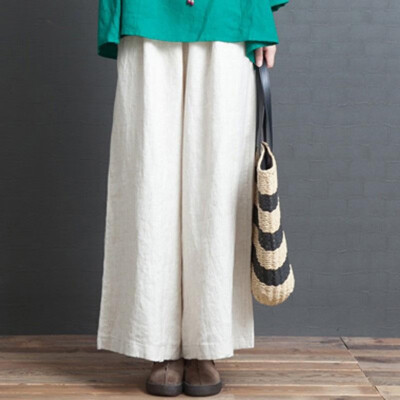 

Vintage Women Pants Cotton Linen Elastic High Waist Pockets Straight Wide Legs Holiday Wear Trousers