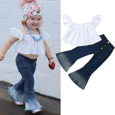 

2pcs Toddler Girls Outfits Off Shoulder Crop TopsBell-bottoms Denim Pants Set