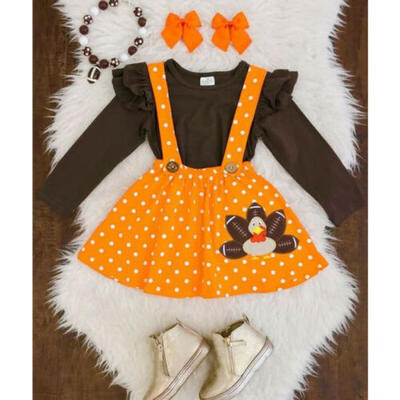 

2pcs Kids Baby Girl Thanksgiving Clothes Tops Strap Turkey Dot Skirt Outfit Set