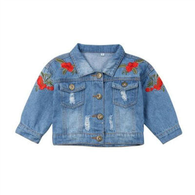 

US Fashion Toddler Kid Girl Embroidery Denim Jacket Casual Coat Button Outerwear