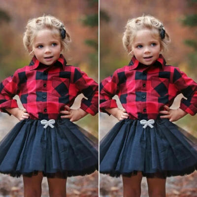 

US 2PCS Toddler Kid Baby Girl Clothes Plaid Shirt Tops Tulle Skirt Outfit Autumn