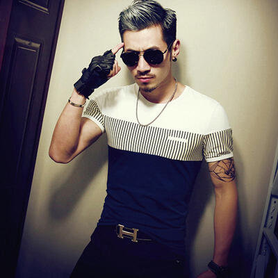 

Stylish Striped Contrast Color Summer Cotton T-Shirt For Men O-Neck Short Sleeve T Shirt