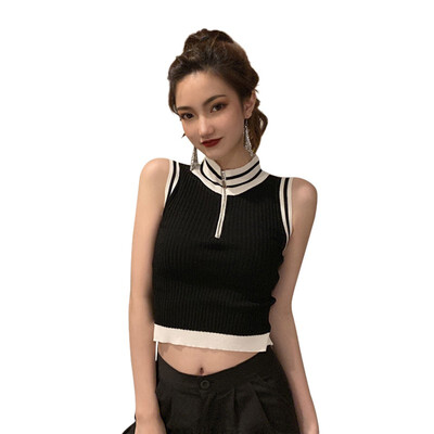 

Womens Slim Color Block Turtleneck Zipper Sleeveless Knitted Crop Tops