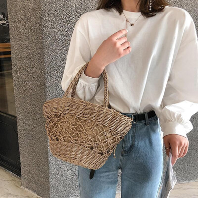 

Boho Women Handbag Crochet Straw Woven Rattan Drawstring Fastening Hollow Out Beach Holiday Bag