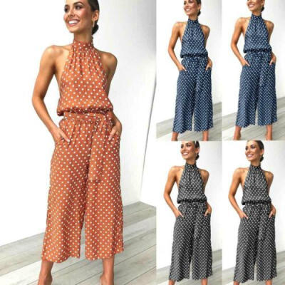 

Women Halter Neck Backless Polka Dot Printed Wide Leg Jumpsuit Romper Long Pants