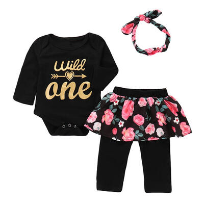 

3pcsSet Cute Baby Long Sleeve Floral Print Romper Culottes Headband Suit