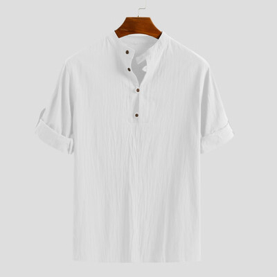 

Toponeto Mens Baggy Linen Blend Solid Color Three Quarter Sleeve Stand Collar Shirts
