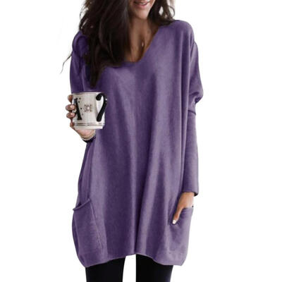

Autumn Women Long T-shirt V-neck Loose Solid Color Long Sleeve Pocket Tops