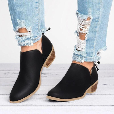 

Women Boots Solid PU Leather Ankle Length Low Cut Out Round Toe Low Heel Zipper Casual Boots