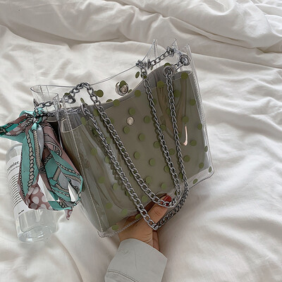

Jelly transparent small bag chic summer fresh womens bag new 2019 silk scarf bucket bag chain bag oblique satchel bag