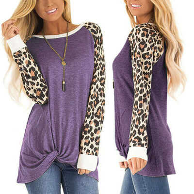 

Womens Leopard Long Sleeve Blouse Tee Ladies O Neck Casual Loose Tops T-Shirt