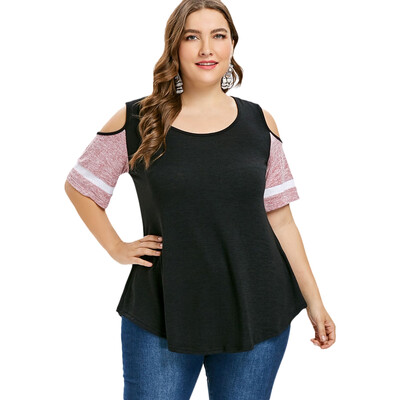 

Plus Size Color Blocking Cold Shoulder Swing T-shirt