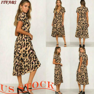 

Womens Leopard Floral Print Long Dress Summer Party Long Shirt Dress Plus Size