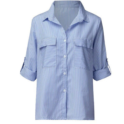 

Womens V Neck Stripe Long Sleeve Loose Shirt Ladies Front Button Blouses Tops