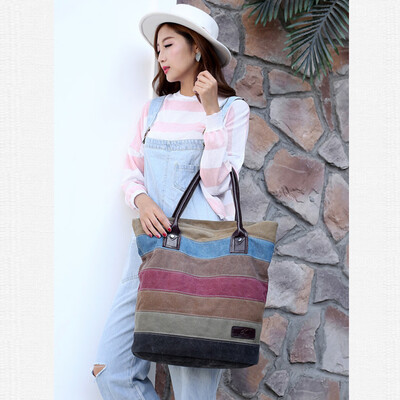 

Vintage Women Men Canvas Handbag Color Block Striped Shoulder Bag Large Capacity Unisex Casual Tote Khaki